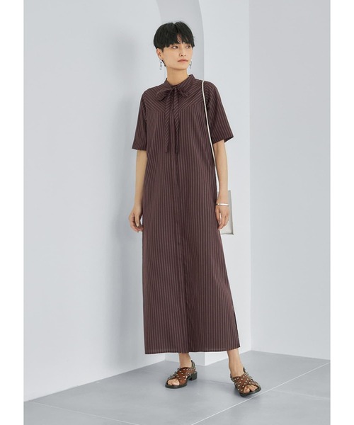 STYLE DELI（スタイルデリ）の「ストライプ柄リボンタイ半袖ワンピース（ワンピース・レディース・チョコ/ホワイト・01/02）」の2枚目の写真