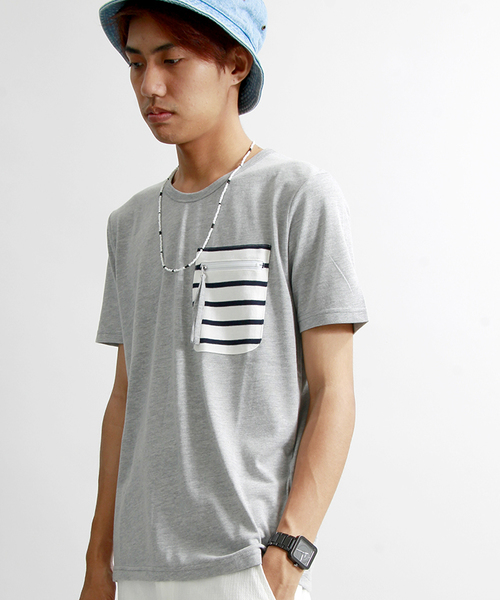 WEGO(ウィゴー)の「WEGO/ ファスナーボーダーポケットTシャツ(Tシャツ/カットソー・メンズ・ホワイト系その他/グレー/ホワイト・LARGE/MEDIUM)」の3枚目の写真