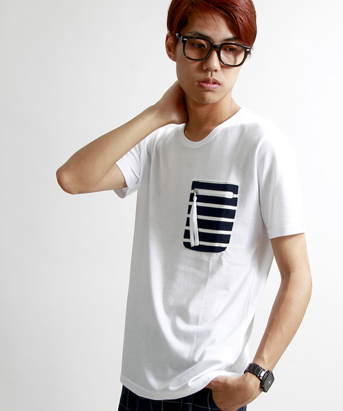 WEGO(ウィゴー)の「WEGO/ ファスナーボーダーポケットTシャツ(Tシャツ/カットソー・メンズ・ホワイト系その他/グレー/ホワイト・LARGE/MEDIUM)」の2枚目の写真