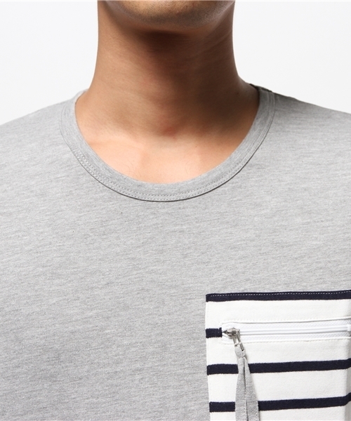 WEGO(ウィゴー)の「WEGO/ ファスナーボーダーポケットTシャツ(Tシャツ/カットソー・メンズ・ホワイト系その他/グレー/ホワイト・LARGE/MEDIUM)」の5枚目の写真