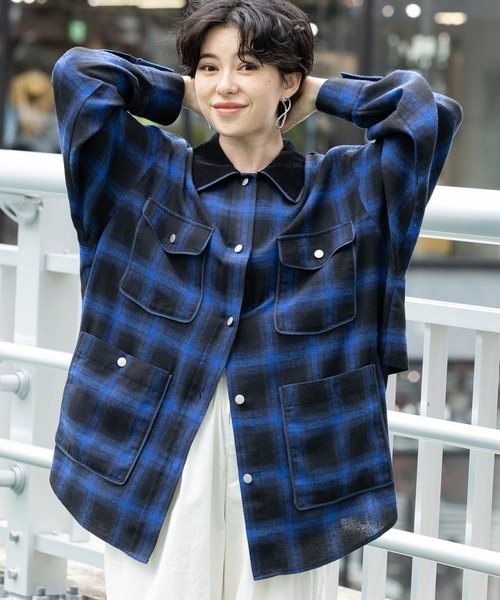 RAGEBLUE(レイジブルー)の「オンブレチェックシャツブルゾン(シャツ/ブラウス・レディース・レッド系/ブルー・FREE)」の5枚目の写真