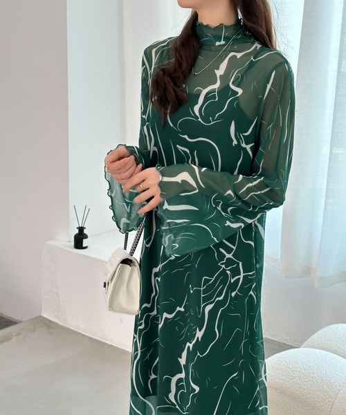 ECLIN(エクラン)の「インナーキャミ付きメロウシーズルメッシュシアーロングワンピース(ワンピース・レディース・ブルー/ブラック/グリーン/モカ・M/L)」の17枚目の写真