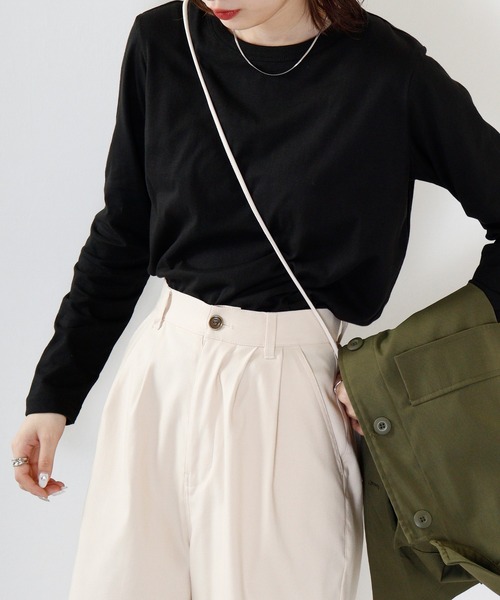 FUNALIVE（ファンアライブ）の「PAGE ONE コットン天竺長袖Ｔシャツ（Tシャツ/カットソー・レディース・オフホワイト/バーガンディー/ブラック/杢グレー/カーキ・L/LL/M）」の9枚目の写真