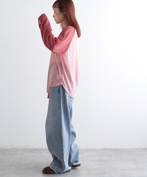 w closet（ダブルクローゼット）の「シアーラグランロングスリーブTシャツ（Tシャツ/カットソー・レディース・グレー/オフホワイト/ピンク・FREE）」の18枚目の写真