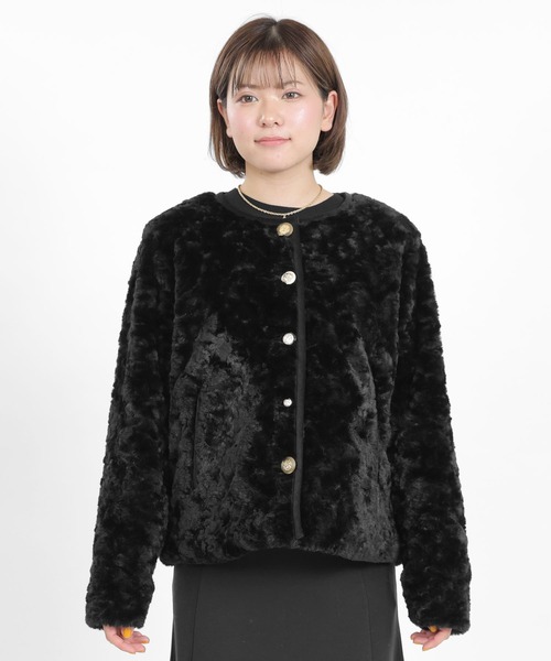 MARY QUANT ツイード ファー ジャケット マリークワント 黒系 MARY QUANT（マリークワント）の「フェイクファーアソートボタン