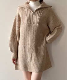 ハーフジップ片畔ニットワンピース