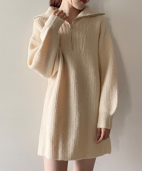 one way（ワンウェイ）の「ハーフジップ片畔ニットワンピース（ワンピース・レディース・グレー/ホワイト/ベージュ・FREE）」の4枚目の写真