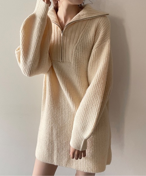 one way（ワンウェイ）の「ハーフジップ片畔ニットワンピース（ワンピース・レディース・グレー/ホワイト/ベージュ・FREE）」の6枚目の写真