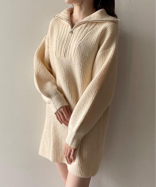 one way（ワンウェイ）の「ハーフジップ片畔ニットワンピース（ワンピース・レディース・グレー/ホワイト/ベージュ・FREE）」の5枚目の写真
