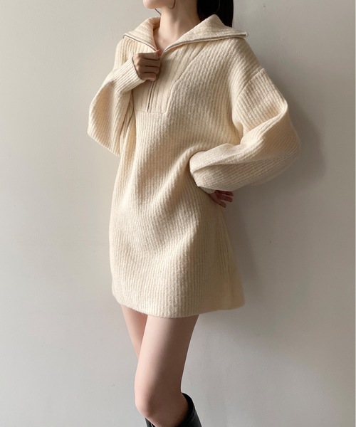 one way（ワンウェイ）の「ハーフジップ片畔ニットワンピース（ワンピース・レディース・グレー/ホワイト/ベージュ・FREE）」の7枚目の写真