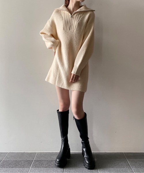 one way（ワンウェイ）の「ハーフジップ片畔ニットワンピース（ワンピース・レディース・グレー/ホワイト/ベージュ・FREE）」の9枚目の写真