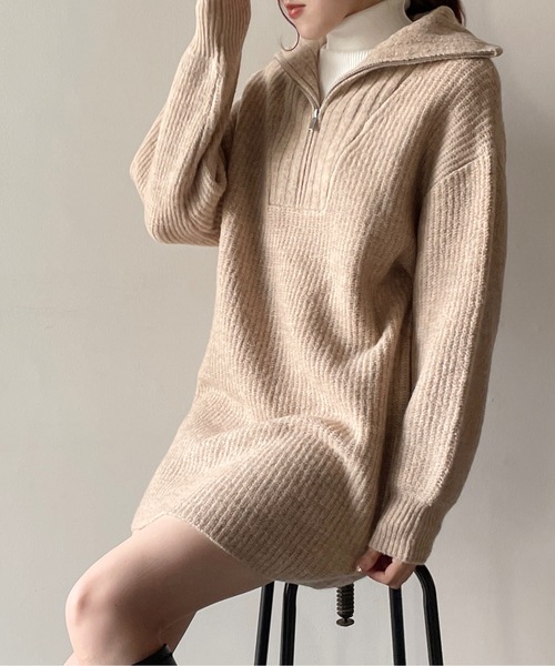 one way（ワンウェイ）の「ハーフジップ片畔ニットワンピース（ワンピース・レディース・グレー/ホワイト/ベージュ・FREE）」の17枚目の写真