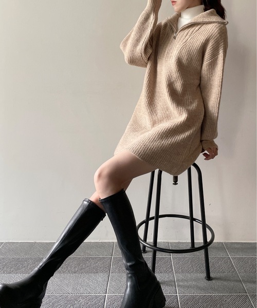 one way（ワンウェイ）の「ハーフジップ片畔ニットワンピース（ワンピース・レディース・グレー/ホワイト/ベージュ・FREE）」の18枚目の写真