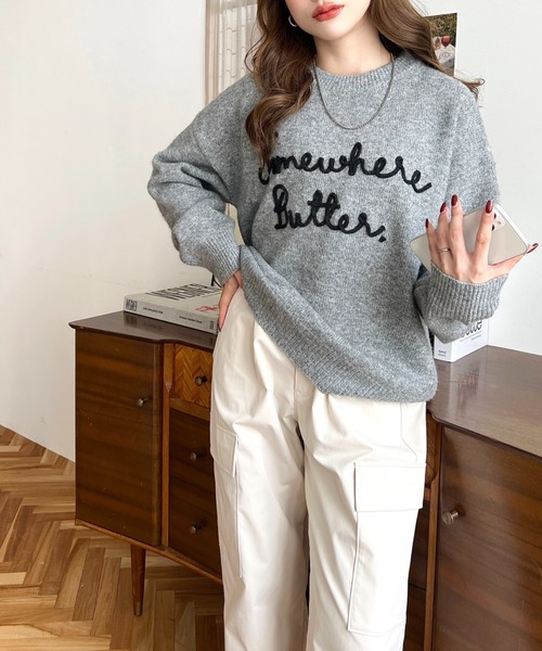 Chiko ニット ダブルフォックス ロゴ刺繍 グレー 美品 L 灰 forksy.】ランダムロゴ刺繍オーバーサイズニットプルオーバー