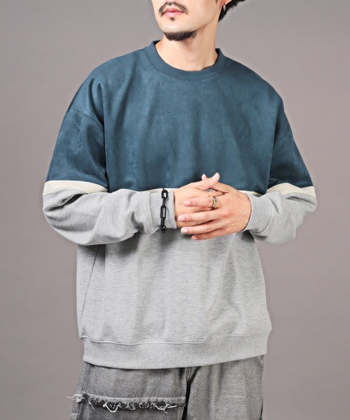 LUXSTYLE（ラグスタイル）の「ポンチスエードバイカラー切替スウェット（スウェット・メンズ・アイボリー/グリーン/チャコール・L/M）」の3枚目の写真