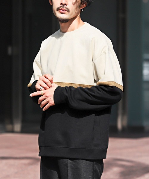 LUXSTYLE（ラグスタイル）の「ポンチスエードバイカラー切替スウェット（スウェット・メンズ・アイボリー/グリーン/チャコール・L/M）」の2枚目の写真