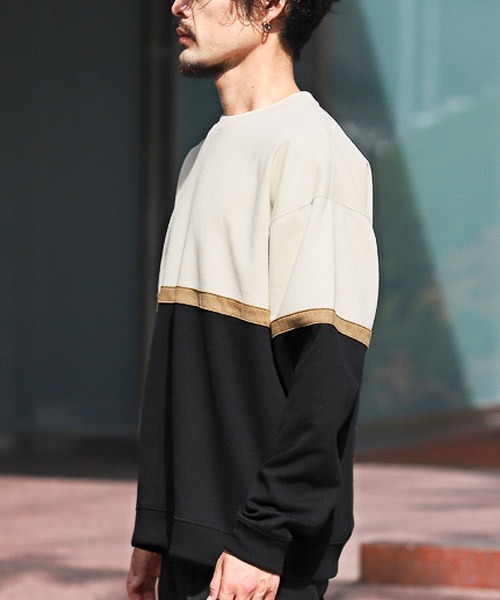 LUXSTYLE（ラグスタイル）の「ポンチスエードバイカラー切替スウェット（スウェット・メンズ・アイボリー/グリーン/チャコール・L/M）」の5枚目の写真