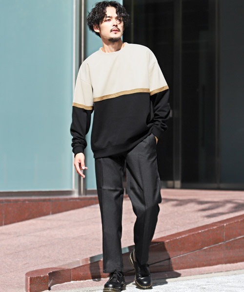 LUXSTYLE（ラグスタイル）の「ポンチスエードバイカラー切替スウェット（スウェット・メンズ・アイボリー/グリーン/チャコール・L/M）」の6枚目の写真