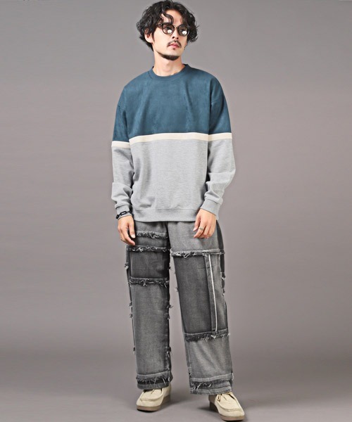 LUXSTYLE（ラグスタイル）の「ポンチスエードバイカラー切替スウェット（スウェット・メンズ・アイボリー/グリーン/チャコール・L/M）」の8枚目の写真