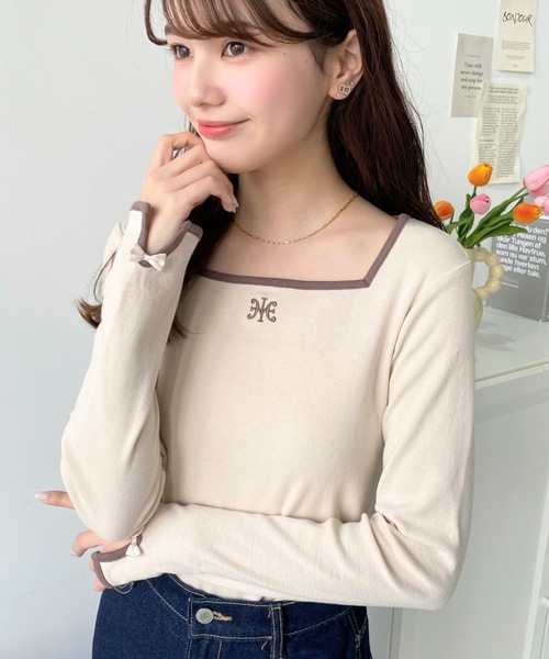 moment+(モーメントプラス)の「綿100%フライス長袖スクエアネックフロントロゴ刺繍袖リボンプルオーバー(Tシャツ/カットソー・レディース・ブラック/ベージュ/オフホワイト/ナチュラル/ピンク・M/L)」の3枚目の写真