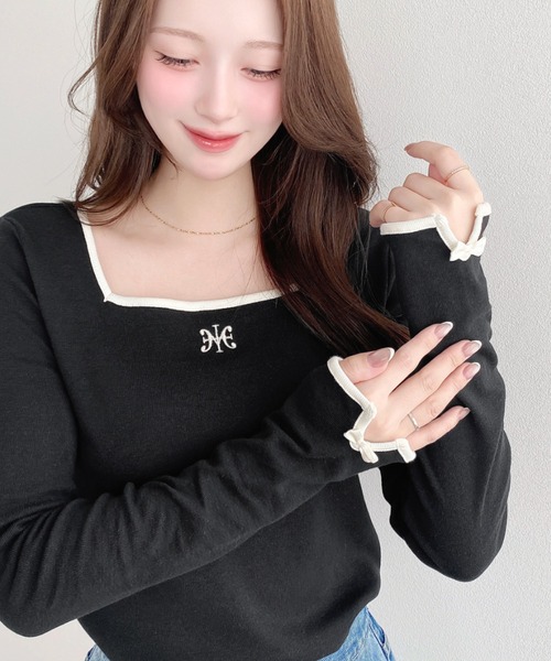 moment+(モーメントプラス)の「綿100%フライス長袖スクエアネックフロントロゴ刺繍袖リボンプルオーバー(Tシャツ/カットソー・レディース・ブラック/ベージュ/オフホワイト/ナチュラル/ピンク・M/L)」の2枚目の写真