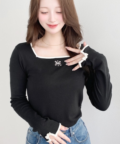 moment+(モーメントプラス)の「綿100%フライス長袖スクエアネックフロントロゴ刺繍袖リボンプルオーバー(Tシャツ/カットソー・レディース・ブラック/ベージュ/オフホワイト/ナチュラル/ピンク・M/L)」の17枚目の写真