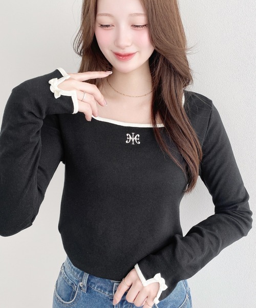 moment+(モーメントプラス)の「綿100%フライス長袖スクエアネックフロントロゴ刺繍袖リボンプルオーバー(Tシャツ/カットソー・レディース・ブラック/ベージュ/オフホワイト/ナチュラル/ピンク・M/L)」の15枚目の写真