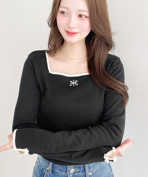 moment+(モーメントプラス)の「綿100%フライス長袖スクエアネックフロントロゴ刺繍袖リボンプルオーバー(Tシャツ/カットソー・レディース・ブラック/ベージュ/オフホワイト/ナチュラル/ピンク・M/L)」の12枚目の写真