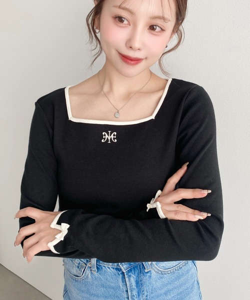moment+(モーメントプラス)の「綿100%フライス長袖スクエアネックフロントロゴ刺繍袖リボンプルオーバー(Tシャツ/カットソー・レディース・ブラック/ベージュ/オフホワイト/ナチュラル/ピンク・M/L)」の14枚目の写真