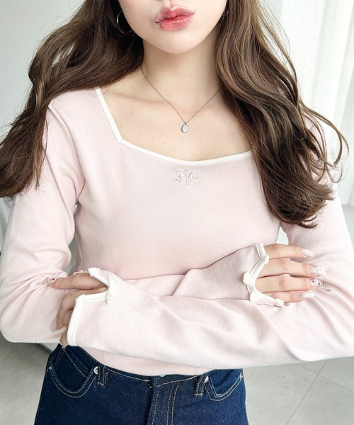 moment+(モーメントプラス)の「綿100%フライス長袖スクエアネックフロントロゴ刺繍袖リボンプルオーバー(Tシャツ/カットソー・レディース・ブラック/ベージュ/オフホワイト/ナチュラル/ピンク・M/L)」の9枚目の写真