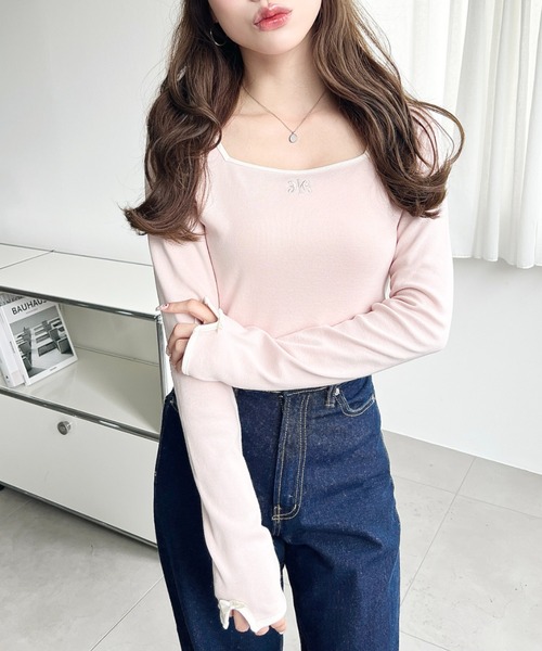 moment+(モーメントプラス)の「綿100%フライス長袖スクエアネックフロントロゴ刺繍袖リボンプルオーバー(Tシャツ/カットソー・レディース・ブラック/ベージュ/オフホワイト/ナチュラル/ピンク・M/L)」の8枚目の写真