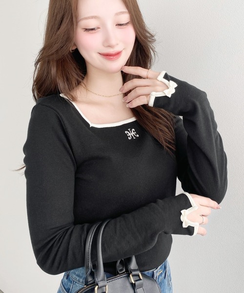 moment+(モーメントプラス)の「綿100%フライス長袖スクエアネックフロントロゴ刺繍袖リボンプルオーバー(Tシャツ/カットソー・レディース・ブラック/ベージュ/オフホワイト/ナチュラル/ピンク・M/L)」の22枚目の写真