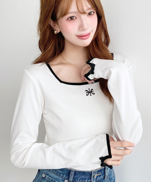 moment+(モーメントプラス)の「綿100%フライス長袖スクエアネックフロントロゴ刺繍袖リボンプルオーバー(Tシャツ/カットソー・レディース・ブラック/ベージュ/オフホワイト/ナチュラル/ピンク・M/L)」の20枚目の写真