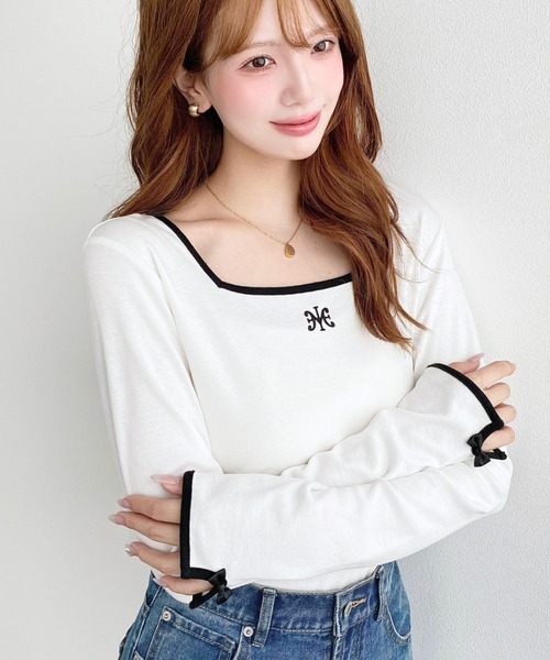 moment+(モーメントプラス)の「綿100%フライス長袖スクエアネックフロントロゴ刺繍袖リボンプルオーバー(Tシャツ/カットソー・レディース・ブラック/ベージュ/オフホワイト/ナチュラル/ピンク・M/L)」の21枚目の写真