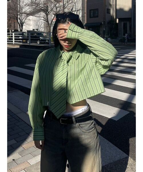 EVRIS（エヴリス）の「ネクタイデザインクロップドシャツ（シャツ/ブラウス・レディース・グリーン/ホワイト・FREE）」の13枚目の写真