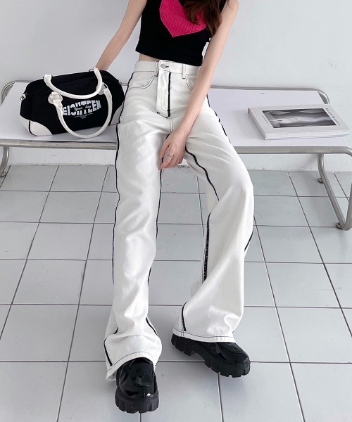 by muni:r(バイ ムニール)の「ラインステッチセミワイドパンツ(その他パンツ・レディース・ブラック/ホワイト・MEDIUM/SMALL)」の15枚目の写真