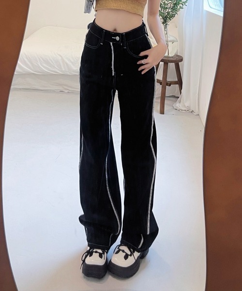 by muni:r(バイ ムニール)の「ラインステッチセミワイドパンツ(その他パンツ・レディース・ブラック/ホワイト・MEDIUM/SMALL)」の14枚目の写真
