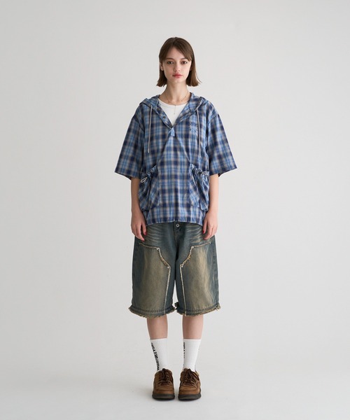 WISH FOR EVER（ウィッシュフォーエバー）の「DRAWCODE HOOD SHIRT/ドローコードフードシャツ（シャツ/ブラウス・メンズ・ベージュ/ブラウン/ネイビー・MEDIUM/LARGE）」の7枚目の写真