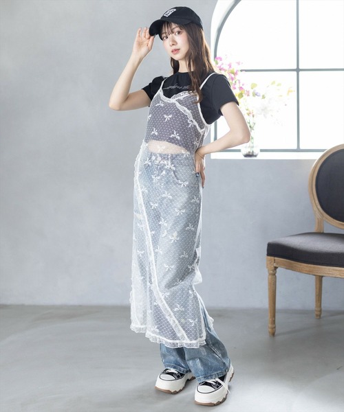 clear（クリア）の「スリット入りレースキャミワンピース［バレエコア ガーリー シースルー リボン］≪再入荷≫（ワンピース・レディース・ブラック/オフホワイト・F）」の19枚目の写真