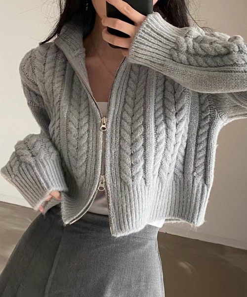 HALEY PESCA(ヘーリーペスカ)の「HALEY PESCA/ショート丈 ダブルジップ ニットトップス(ニット/セーター・レディース・ライトグレー/アイボリー/ダークグレー・FREE)」の2枚目の写真