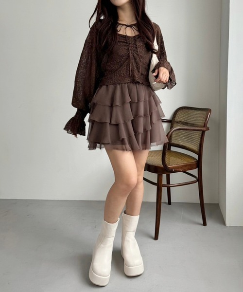 one after another NICE CLAUP(ワンアフターアナザーナイスクラップ)の「【2点セット】ショートボレロシャツ+キャミセット(アンサンブル・レディース・ブラウン/アイボリー/ホワイト×ブラック・FREE)」の10枚目の写真