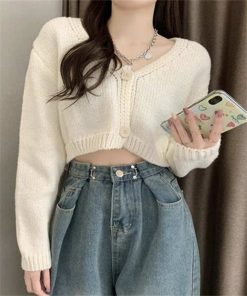 セール】Vネックショート丈ニットカーディガン（カーディガン