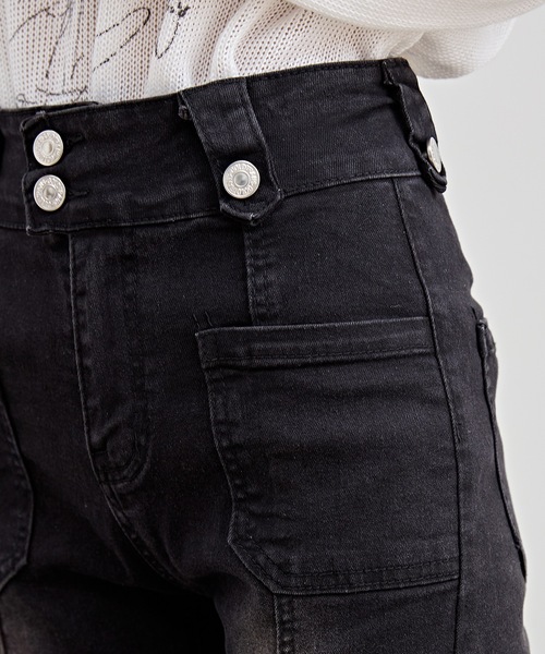 ブラック フレア デニム モード パンツ 春 ハイウエスト hr8075 黒コーデ ハイウエストフレアデニムパンツ パンツ|黒コーデ専門