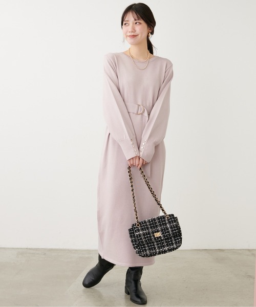 natural couture(ナチュラルクチュール)の「ベルト付きサイドZIPきれいめニットワンピース(ワンピース・レディース・ブルー/グレイッシュベージュ/ブラウン系その他/ブラック/ボルドー・FREE)」の3枚目の写真