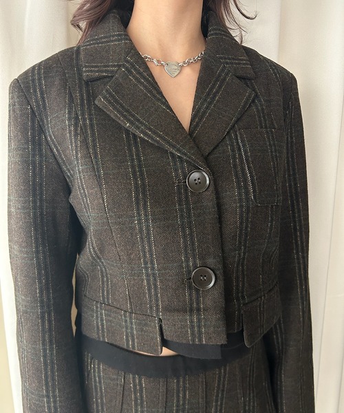 AnyFood Universe(エニーフードユニバース)の「【AnyFood Universe】 ストライプショートウールジャケット UNI24a048(その他アウター・レディース・ダークグレー・S)」の2枚目の写真