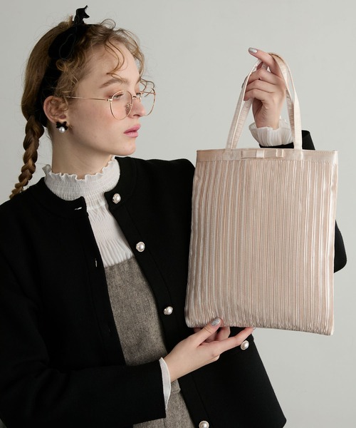 BONLECILL noir】リボンプリーツサテントートバッグ／サブバッグ
