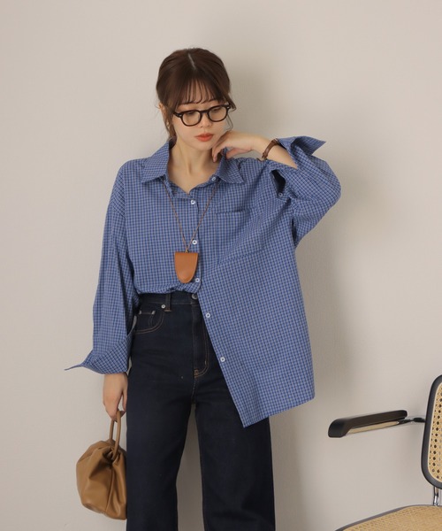 LAULEN（ローレン）の「regular collar check oversize shirt /レギュラーカラー チェック 長袖 オーバーサイズ シャツ（シャツ/ブラウス・レディース・ブルー・FREE）」の2枚目の写真