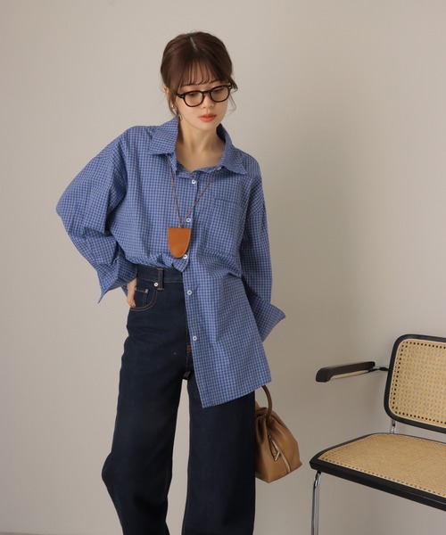LAULEN（ローレン）の「regular collar check oversize shirt /レギュラーカラー チェック 長袖 オーバーサイズ シャツ（シャツ/ブラウス・レディース・ブルー・FREE）」の3枚目の写真