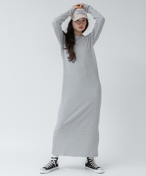 セール】【original】リブカットソー背中開きワンピース/ロング丈 肌