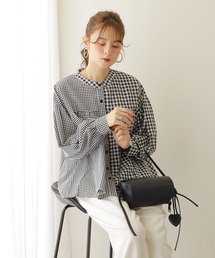 asymmetry check volume sleeve blouse /アシンメトリー チェック ボリュームスリーブ ブラウス